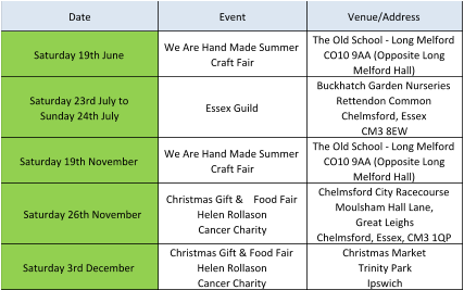 Date Event Venue/Address Saturday 19th June We Are Hand Made Summer  Craft Fair The Old School - Long Melford  CO10 9AA (Opposite Long  Melford Hall) Saturday 23rd July to           Sunday 24th July Essex Guild Buckhatch Garden Nurseries Rettendon Common Chelmsford, Essex CM3 8EW Saturday 19th November We Are Hand Made Summer  Craft Fair The Old School - Long Melford  CO10 9AA (Opposite Long  Melford Hall) Saturday 26th November Christmas Gift &    Food Fair Helen Rollason Cancer Charity Chelmsford City Racecourse Moulsham Hall Lane,  Great Leighs Chelmsford,�Essex,�CM3 1QP Saturday 3rd December Christmas Gift & Food Fair Helen Rollason Cancer Charity Christmas Market Trinity Park Ipswich